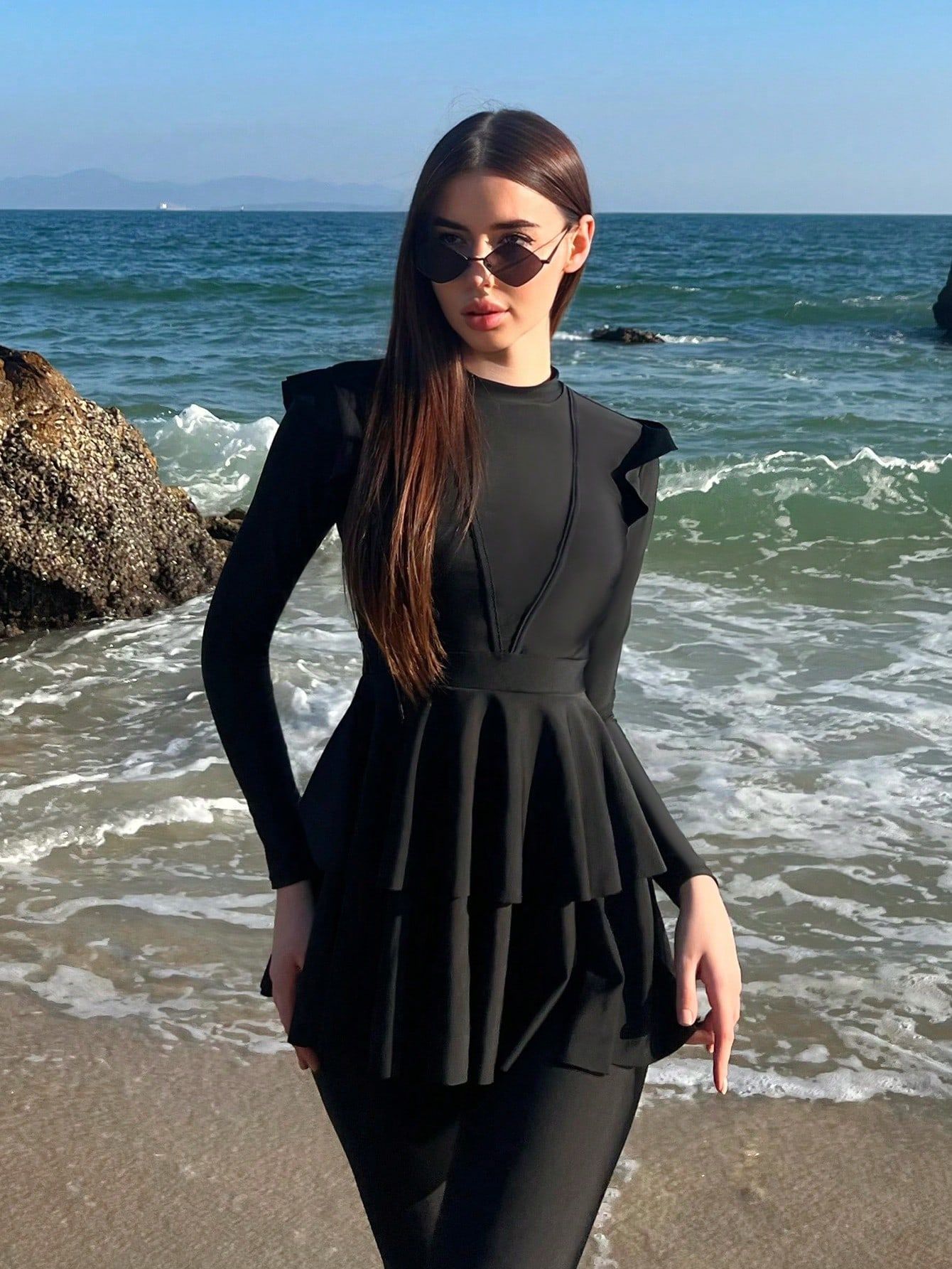 Women 2 Piece Ruffle Modest Swimsuit - Long Sleeves Conservative Bathing Suit